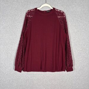 Crochet Lace Waffle Knit Top XL Burgundy Sheer Puff Sleeves Stretch Comfy‎ Soft
